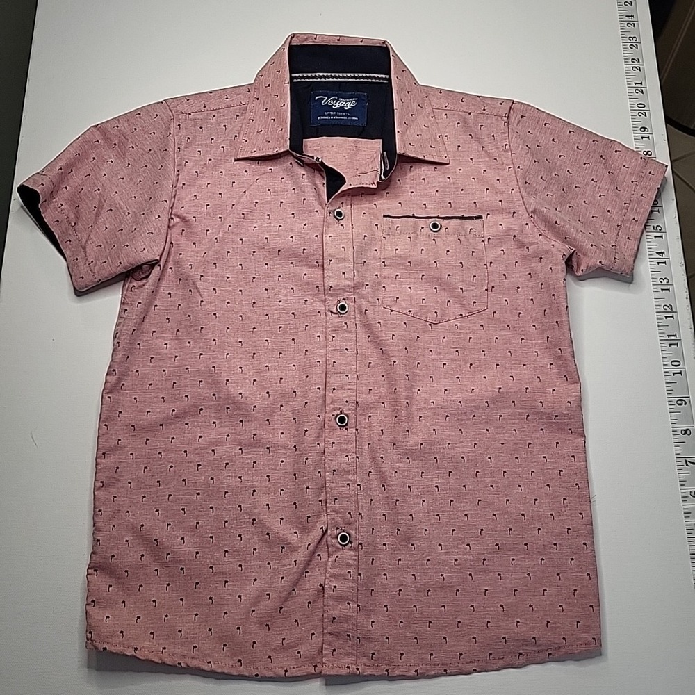 Craft & Flow Voyage Boys‎ Shirt Size 6 - L Short Sleeves Pink Black Palm Trees